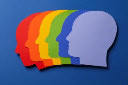 Wizualizacja strategii progressive profiling: zestaw nakładających się kolorowych profili ludzkich głów, ilustrujących stopniowe gromadzenie danych o kliencie w systemie marketing automation w celu poprawy konwersji.